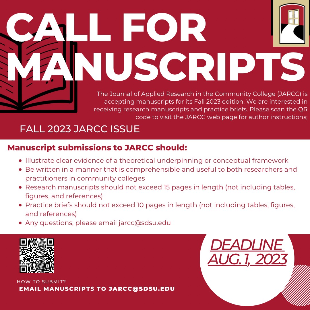 The Journal of applied research in the community college (JARCC) is accepting manuscripts for its Fall 2023 edition.